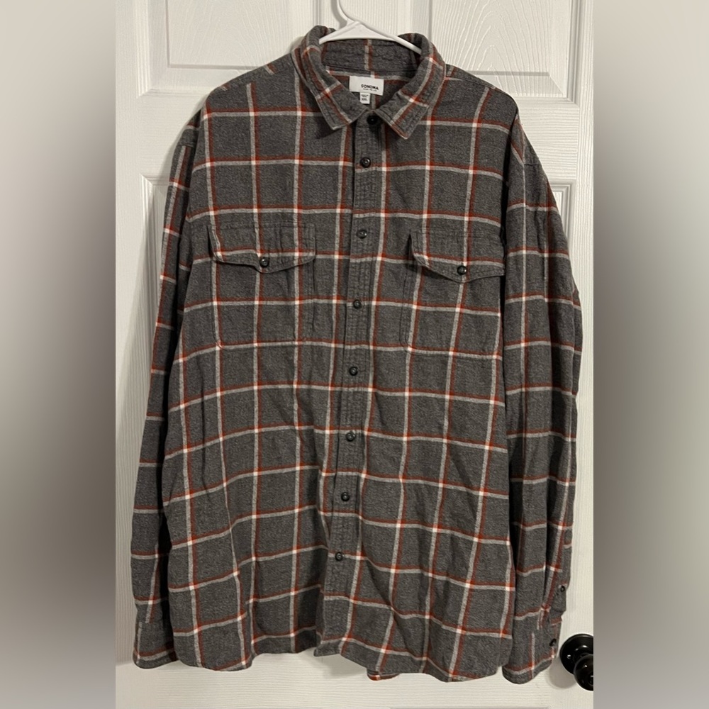 Sonoma Men’s Xxl Plaid Button Up Long Sleeve Gray & Orange W/pockets